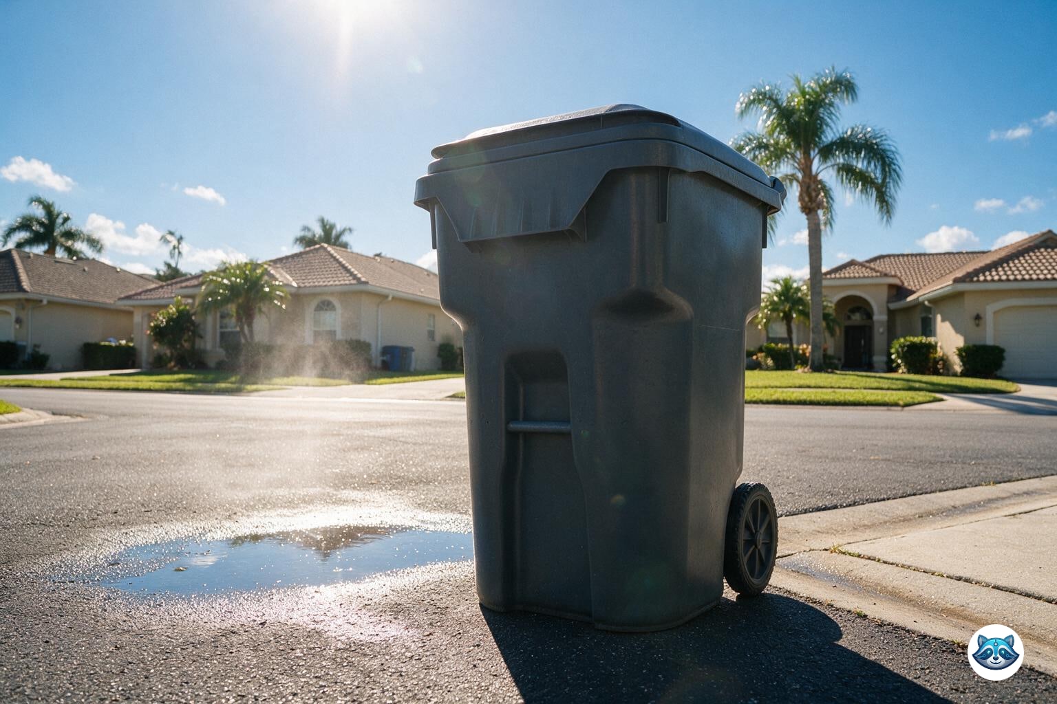 Trash bin sitting in hot afternoon sun at the curb of a Florida home in Lakewood Ranch, FL