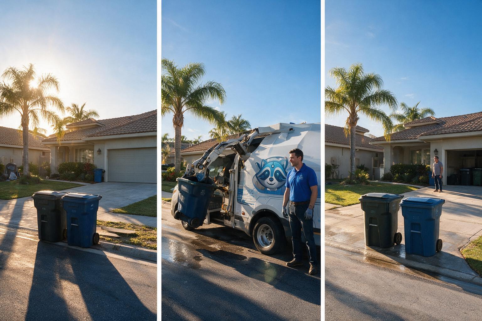 Diagram-style scene of bins going out, being emptied and coming back in Sarasota, FL