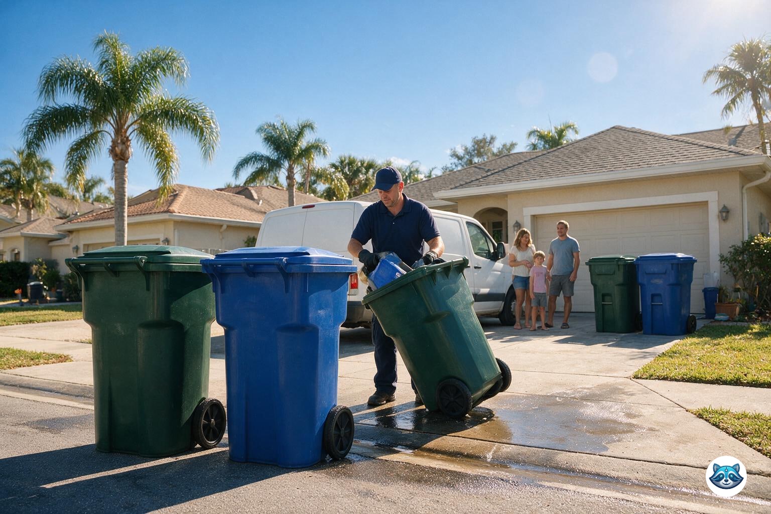 Diagram-style scene showing bins going out, being emptied, and coming back in Lakewood Ranch, FL