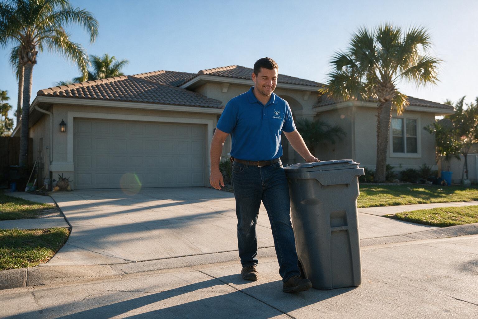 A service worker rolling a trash cart down a driveway to the curb in Sarasota, FL