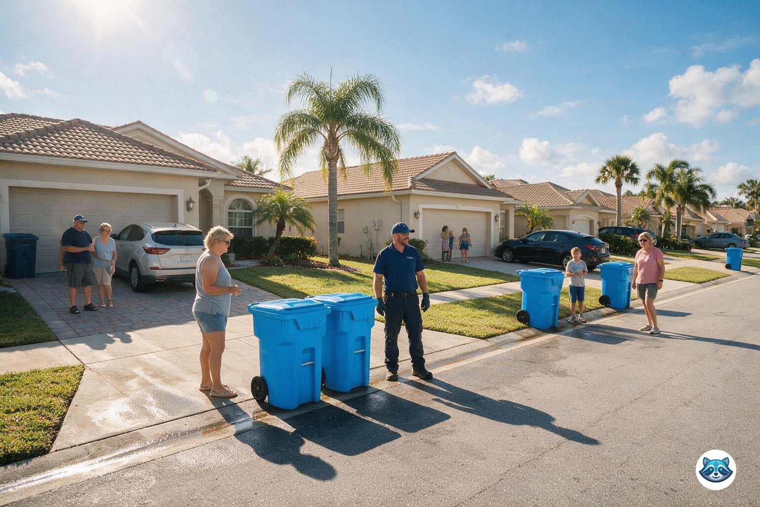 Tidy residential street in Sarasota with homes, driveways and palm trees