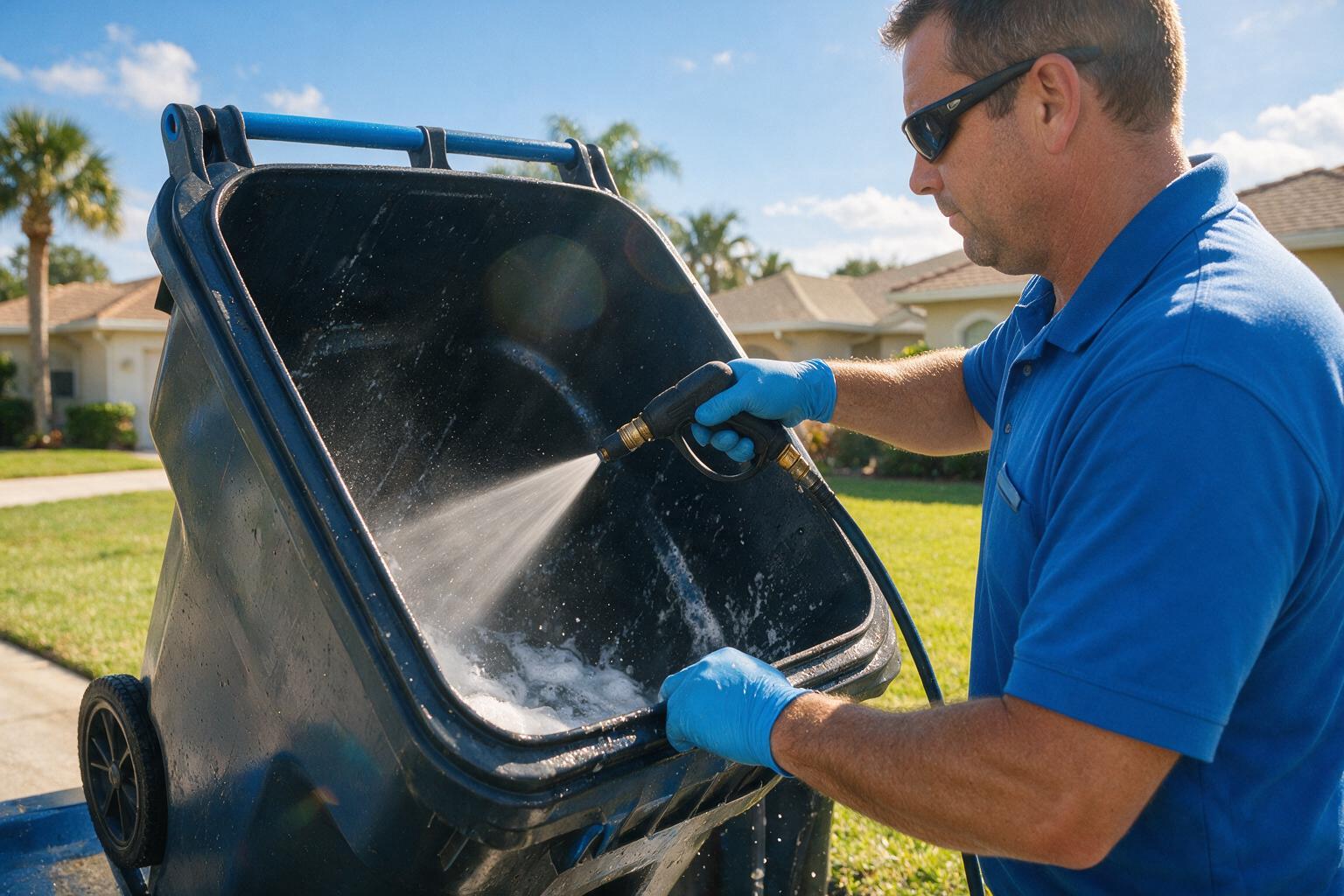 A worker pressure-washing the inside of a residential trash bin in Sarasota, FL