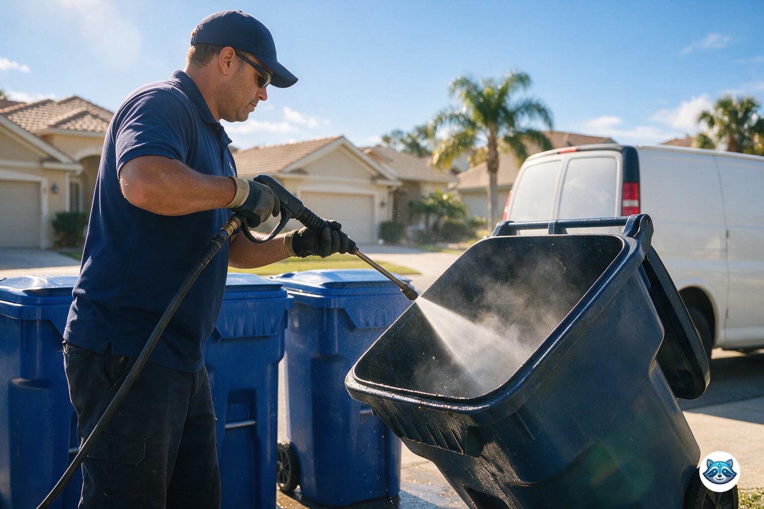 Worker pressure-washing and sanitizing the inside of a trash bin in Lakewood Ranch, FL
