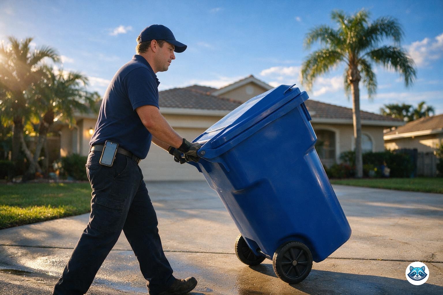 Curb Critter worker rolling a trash bin down a driveway to the curb in Sarasota, FL