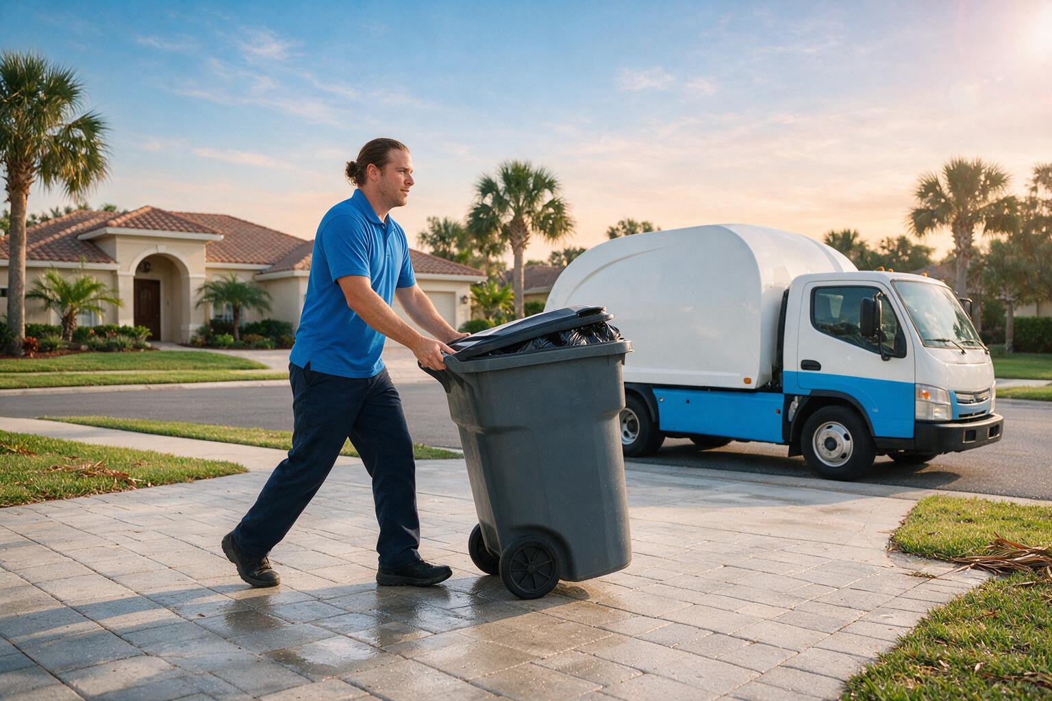 A Curb Critter worker rolling a trash bin down a driveway to the curb in Lakewood Ranch, FL