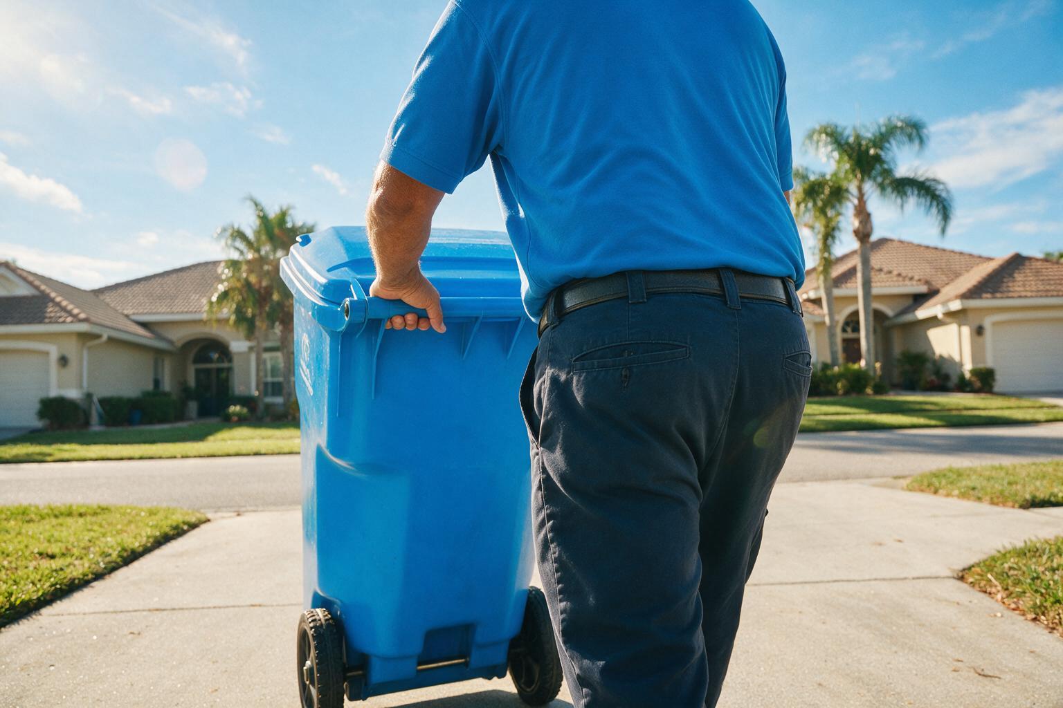 A Curb Critter worker rolling a clean trash bin back up a driveway in the morning in Sarasota, FL
